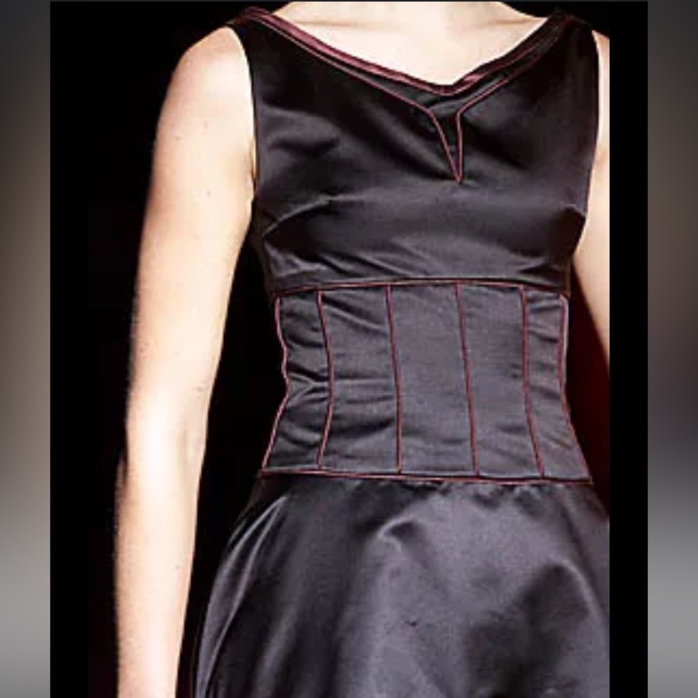 Vintage Badgley Mischka Black A-Line Dress 100% Silk Burgundy Trim Size 10 Y2K